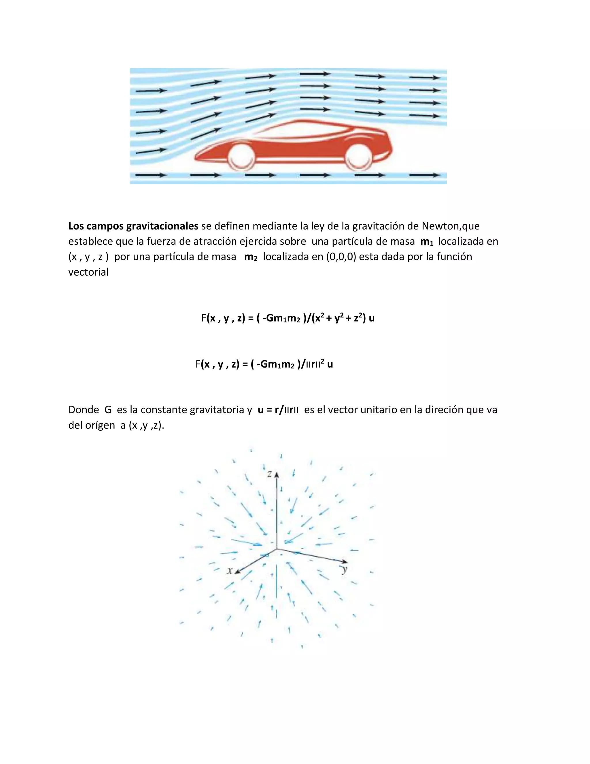 Los campos gravitacionales se definen mediante la ley de la gravitación de Newton,que
establece que la fuerza de atracción ejercida sobre una partícula de masa m1 localizada en
(x , y , z ) por una partícula de masa m2 localizada en (0,0,0) esta dada por la función
vectorial
F(x , y , z) = ( -Gm1m2 )/(x2
+ y2
+ z2
) u
F(x , y , z) = ( -Gm1m2 )/‫װ‬r‫װ‬2
u
Donde G es la constante gravitatoria y u = r/‫װ‬r‫װ‬ es el vector unitario en la direción que va
del orígen a (x ,y ,z).
 