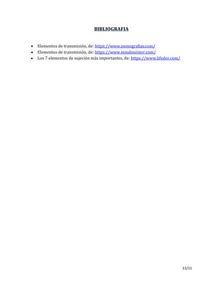 11/11
BIBLIOGRAFIA
 Elementos de transmisión, de: https://www.monografias.com/
 Elementos de transmisión, de: https://www.mindmeister.com/
 Los 7 elementos de sujeción más importantes, de: https://www.lifeder.com/
 