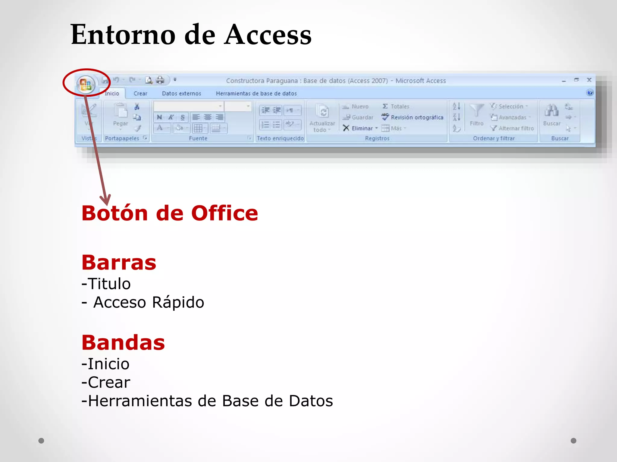 Botón de Office
Barras
-Titulo
- Acceso Rápido
Bandas
-Inicio
-Crear
-Herramientas de Base de Datos
Entorno de Access
 