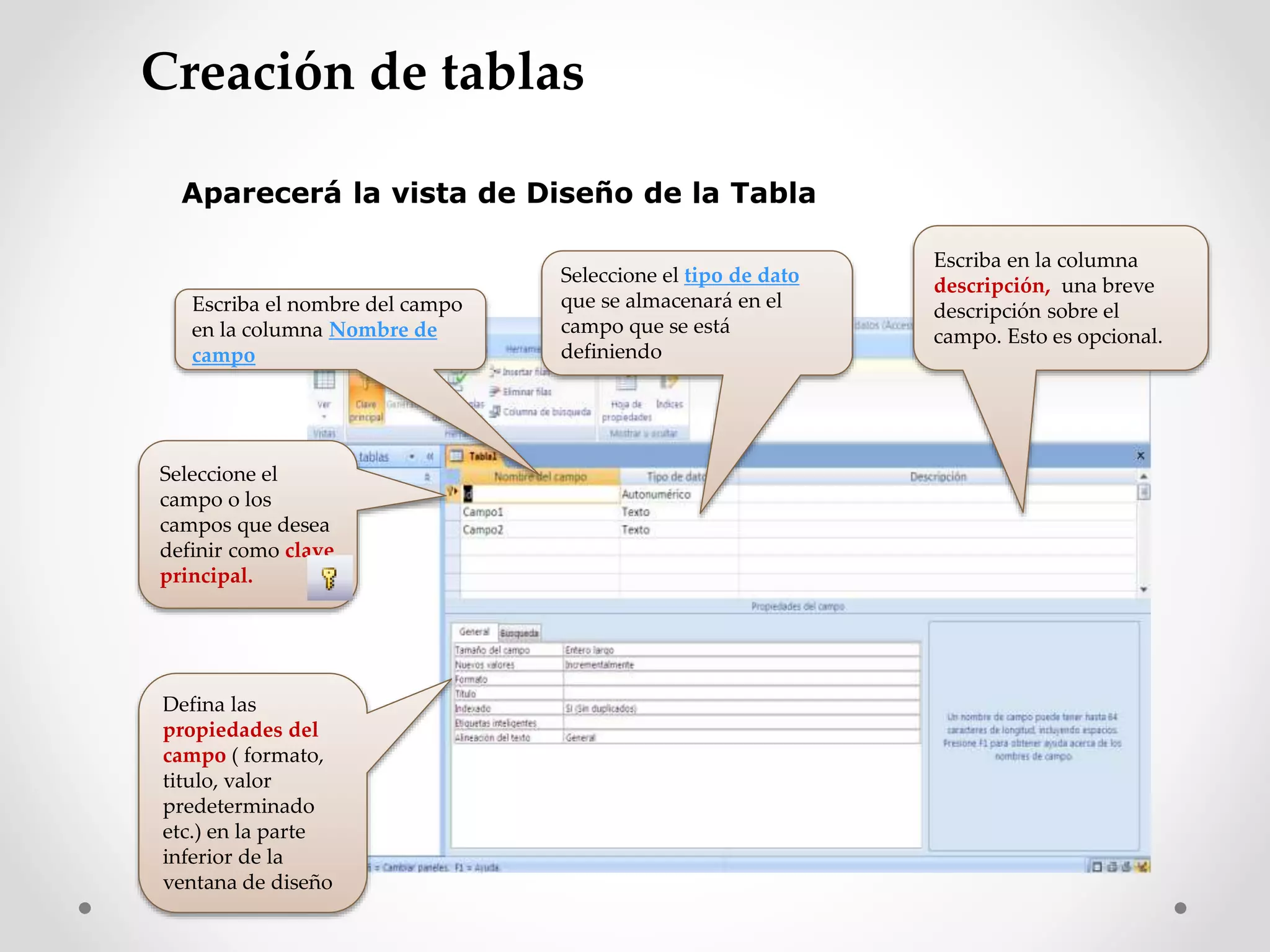 Aparecerá la vista de Diseño de la Tabla
Escriba el nombre del campo
en la columna Nombre de
campo
Seleccione el tipo de dato
que se almacenará en el
campo que se está
definiendo
Defina las
propiedades del
campo ( formato,
titulo, valor
predeterminado
etc.) en la parte
inferior de la
ventana de diseño
Escriba en la columna
descripción, una breve
descripción sobre el
campo. Esto es opcional.
Seleccione el
campo o los
campos que desea
definir como clave
principal.
Creación de tablas
 