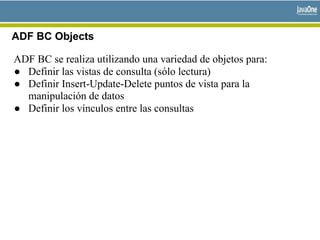 ADF BC Objects
ADF BC se realiza utilizando una variedad de objetos para:
● Definir las vistas de consulta (sólo lectura)
● Definir Insert-Update-Delete puntos de vista para la
manipulación de datos
● Definir los vínculos entre las consultas
 