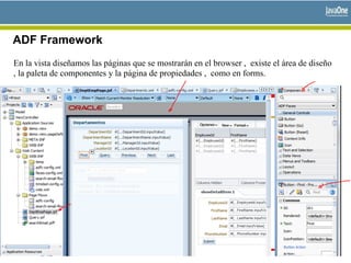 ADF Framework
En la vista diseñamos las páginas que se mostrarán en el browser , existe el área de diseño
, la paleta de componentes y la página de propiedades , como en forms.
 
