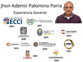 Jhon Ademir Palomino Parra
Experiencia Docente
2005 2007
2008
2016
2019
2019 2020
2021
2023
2024
 