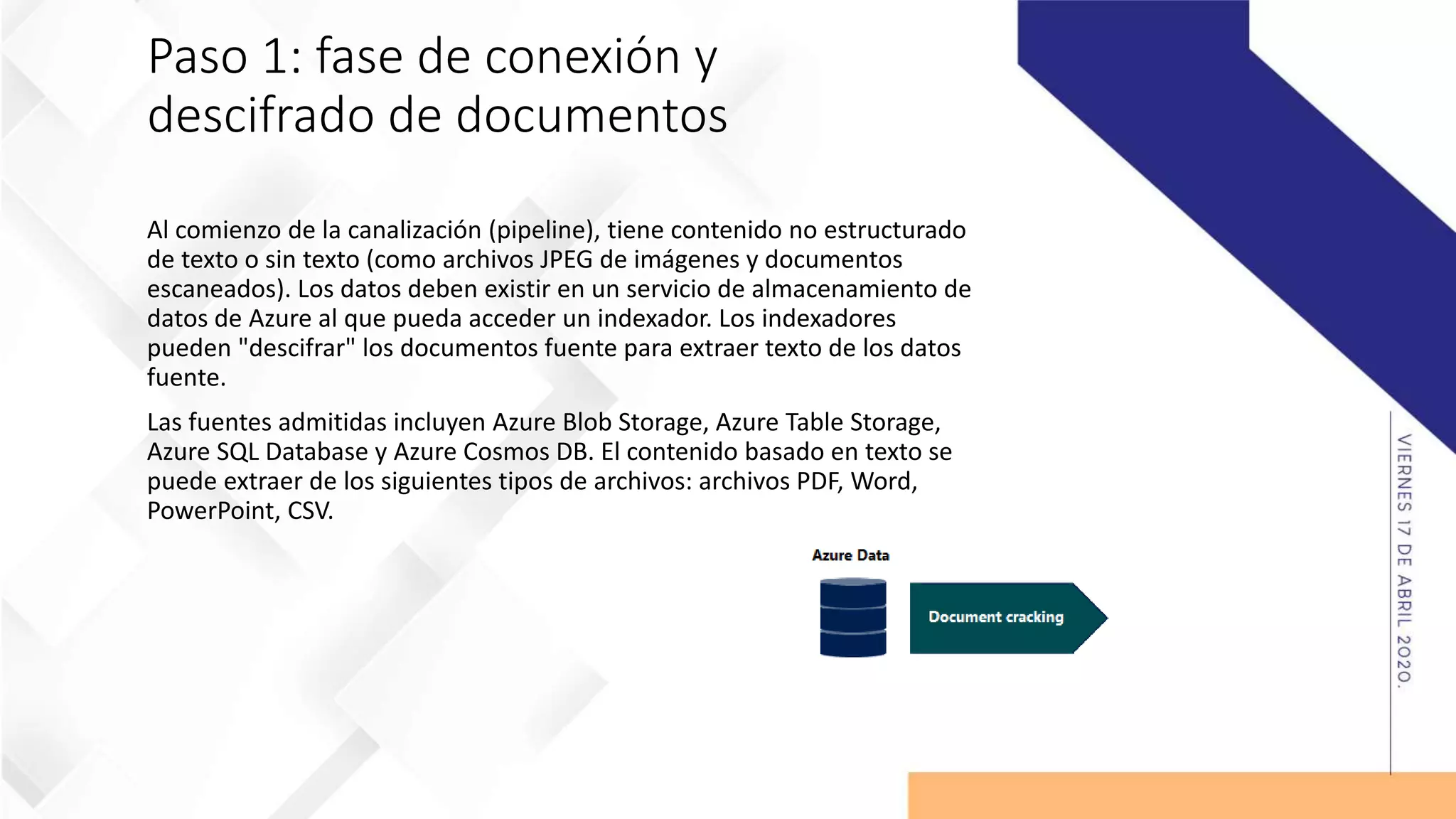 Paso 1: fase de conexión y
descifrado de documentos
Al comienzo de la canalización (pipeline), tiene contenido no estructurado
de texto o sin texto (como archivos JPEG de imágenes y documentos
escaneados). Los datos deben existir en un servicio de almacenamiento de
datos de Azure al que pueda acceder un indexador. Los indexadores
pueden "descifrar" los documentos fuente para extraer texto de los datos
fuente.
Las fuentes admitidas incluyen Azure Blob Storage, Azure Table Storage,
Azure SQL Database y Azure Cosmos DB. El contenido basado en texto se
puede extraer de los siguientes tipos de archivos: archivos PDF, Word,
PowerPoint, CSV.
 