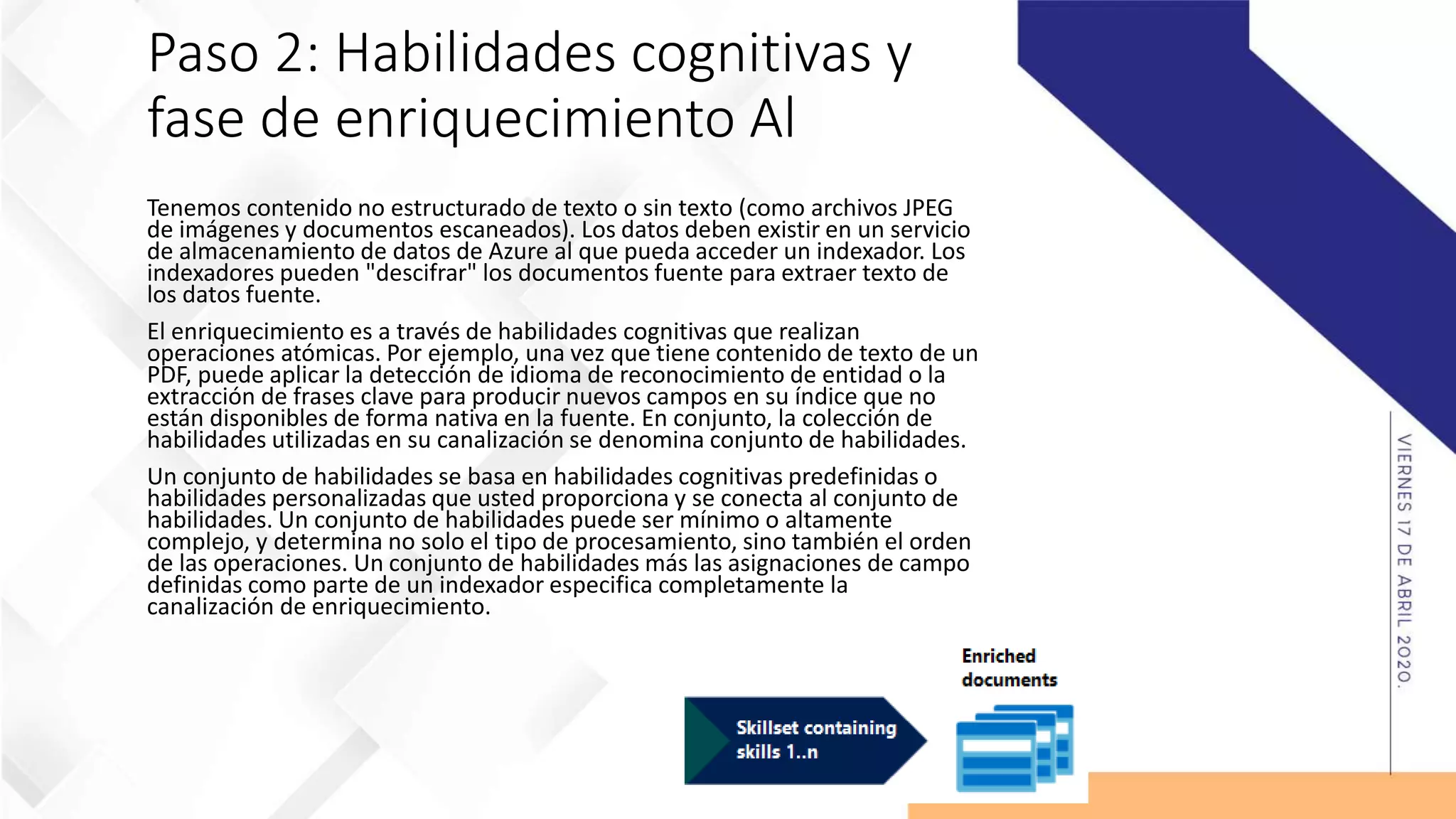 Paso 2: Habilidades cognitivas y
fase de enriquecimiento Al
Tenemos contenido no estructurado de texto o sin texto (como archivos JPEG
de imágenes y documentos escaneados). Los datos deben existir en un servicio
de almacenamiento de datos de Azure al que pueda acceder un indexador. Los
indexadores pueden "descifrar" los documentos fuente para extraer texto de
los datos fuente.
El enriquecimiento es a través de habilidades cognitivas que realizan
operaciones atómicas. Por ejemplo, una vez que tiene contenido de texto de un
PDF, puede aplicar la detección de idioma de reconocimiento de entidad o la
extracción de frases clave para producir nuevos campos en su índice que no
están disponibles de forma nativa en la fuente. En conjunto, la colección de
habilidades utilizadas en su canalización se denomina conjunto de habilidades.
Un conjunto de habilidades se basa en habilidades cognitivas predefinidas o
habilidades personalizadas que usted proporciona y se conecta al conjunto de
habilidades. Un conjunto de habilidades puede ser mínimo o altamente
complejo, y determina no solo el tipo de procesamiento, sino también el orden
de las operaciones. Un conjunto de habilidades más las asignaciones de campo
definidas como parte de un indexador especifica completamente la
canalización de enriquecimiento.
 