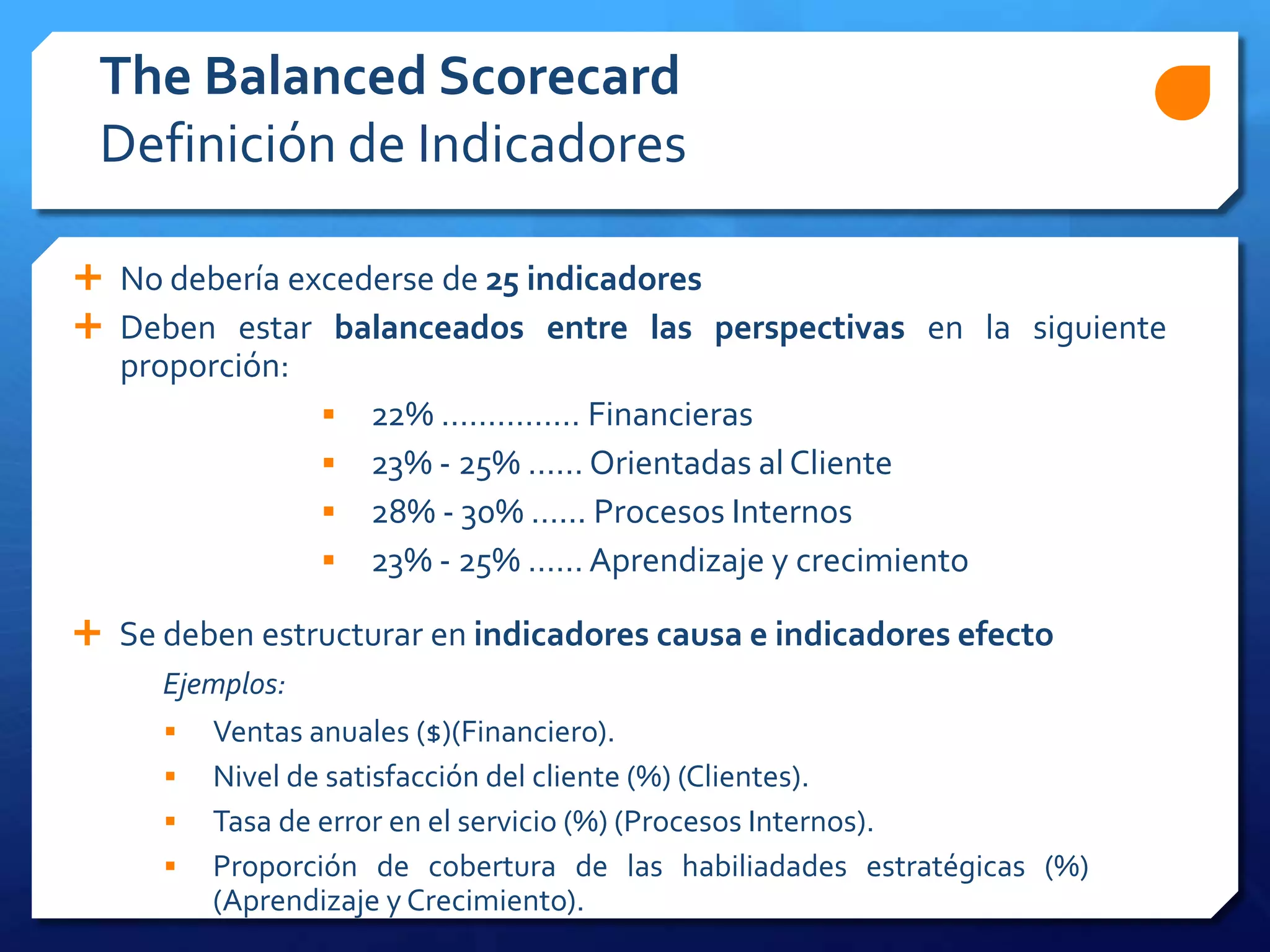  No debería excederse de 25 indicadores
 Deben estar balanceados entre las perspectivas en la siguiente
proporción:
 22% …………… Financieras
 23% - 25% …… Orientadas al Cliente
 28% - 30% …... Procesos Internos
 23% - 25% …… Aprendizaje y crecimiento
 Se deben estructurar en indicadores causa e indicadores efecto
The Balanced Scorecard
Definición de Indicadores
Ejemplos:
 Ventas anuales ($)(Financiero).
 Nivel de satisfacción del cliente (%) (Clientes).
 Tasa de error en el servicio (%) (Procesos Internos).
 Proporción de cobertura de las habiliadades estratégicas (%)
(Aprendizaje y Crecimiento).
 