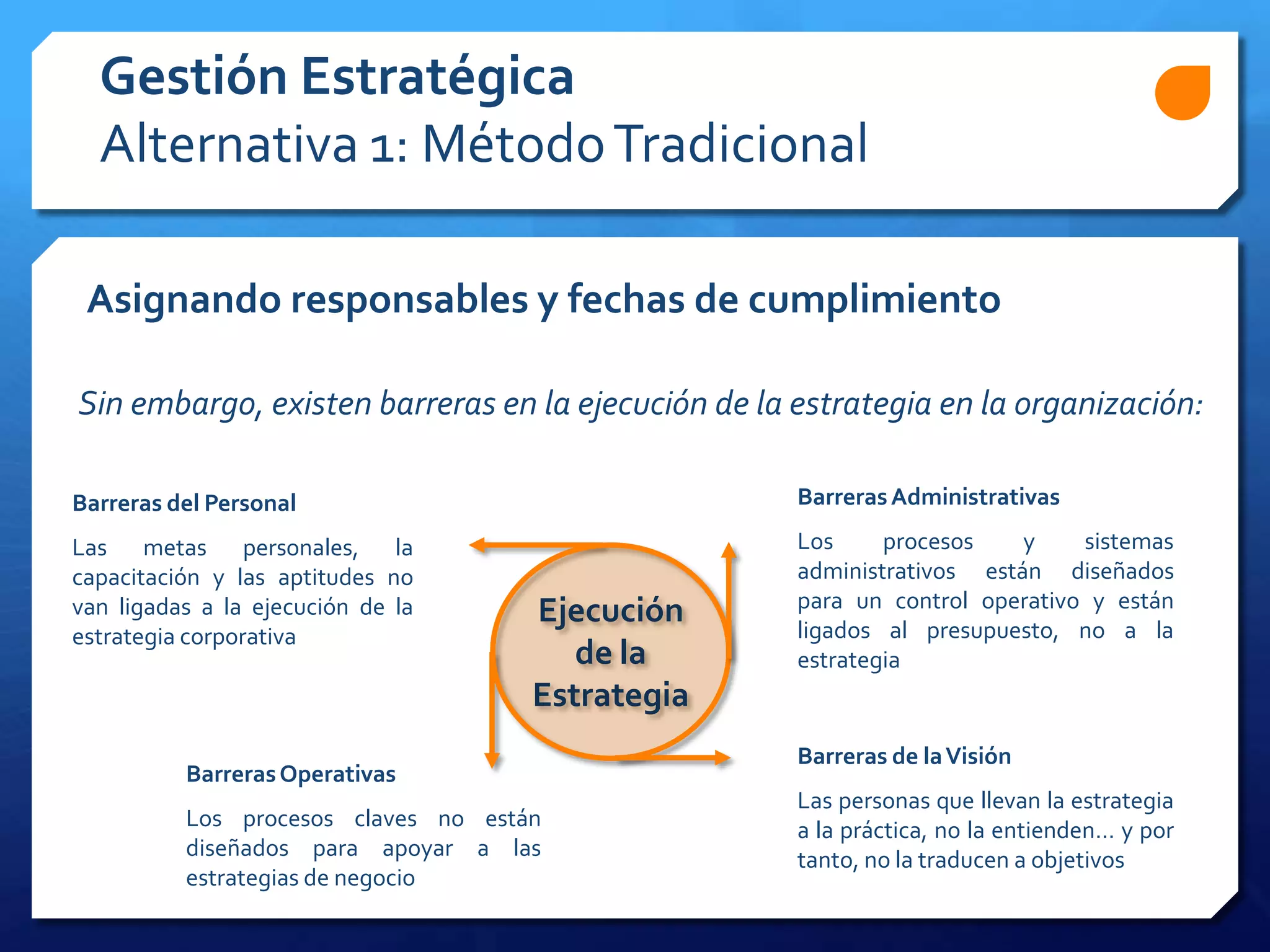 Asignando responsables y fechas de cumplimiento
Gestión Estratégica
Alternativa 1: MétodoTradicional
Sin embargo, existen barreras en la ejecución de la estrategia en la organización:
Barreras del Personal
Las metas personales, la
capacitación y las aptitudes no
van ligadas a la ejecución de la
estrategia corporativa
Barreras de laVisión
Las personas que llevan la estrategia
a la práctica, no la entienden… y por
tanto, no la traducen a objetivos
BarrerasAdministrativas
Los procesos y sistemas
administrativos están diseñados
para un control operativo y están
ligados al presupuesto, no a la
estrategia
BarrerasOperativas
Los procesos claves no están
diseñados para apoyar a las
estrategias de negocio
Ejecución
de la
Estrategia
 