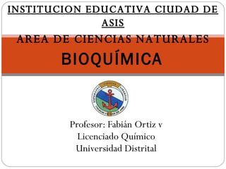 Profesor: Fabián Ortiz v Licenciado Químico Universidad Distrital BIOQUÍMICA INSTITUCION EDUCATIVA CIUDAD DE ASIS AREA DE CIENCIAS NATURALES 