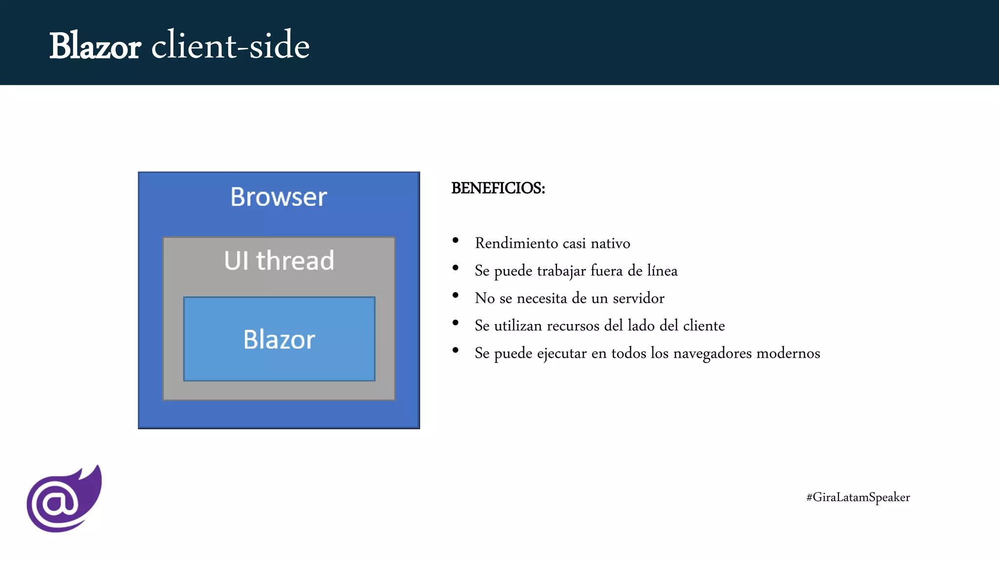 BENEFICIOS:
• Rendimiento casi nativo
• Se puede trabajar fuera de línea
• No se necesita de un servidor
• Se utilizan recursos del lado del cliente
• Se puede ejecutar en todos los navegadores modernos
#GiraLatamSpeaker
Blazor client-side
 