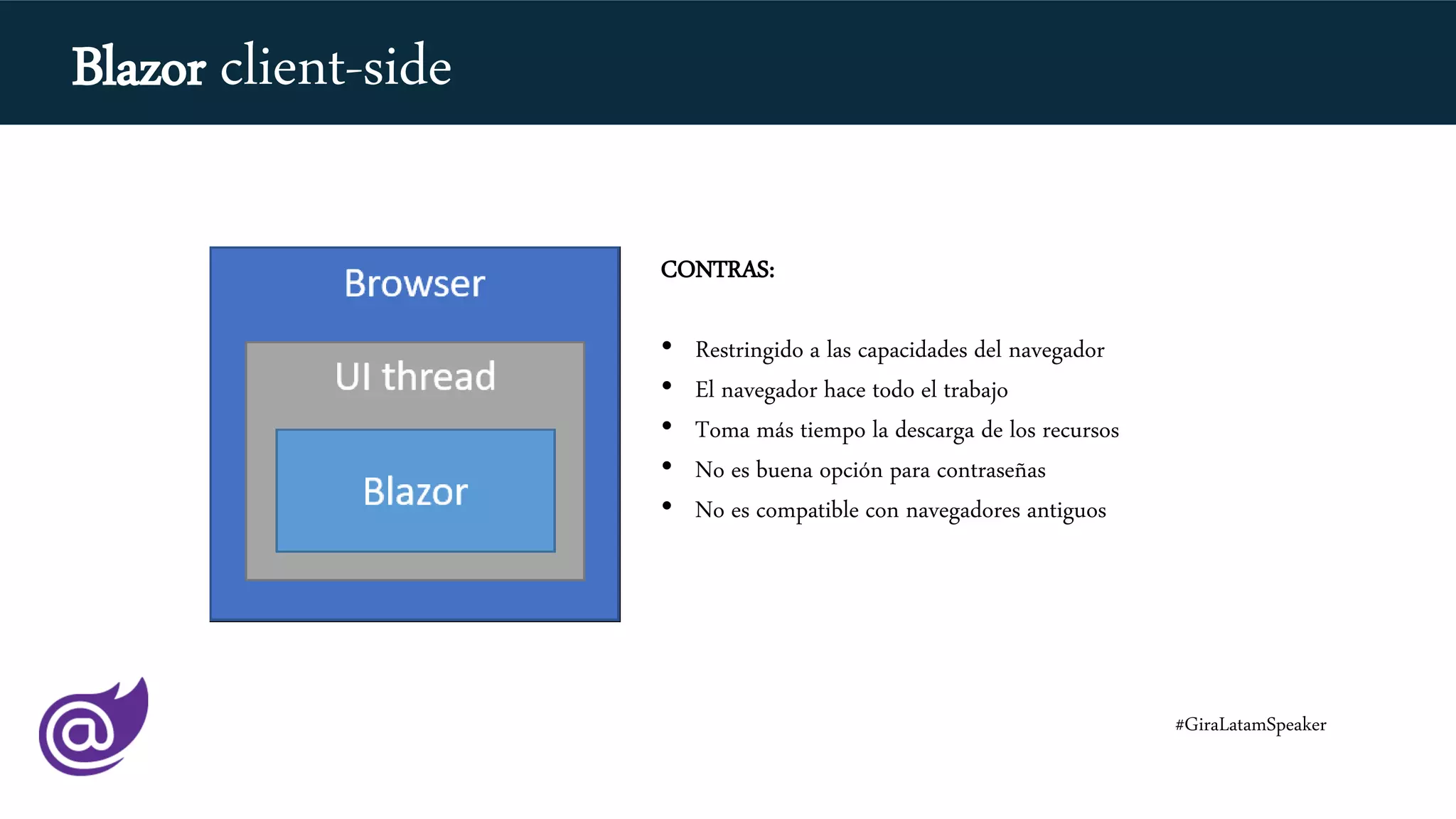 CONTRAS:
• Restringido a las capacidades del navegador
• El navegador hace todo el trabajo
• Toma más tiempo la descarga de los recursos
• No es buena opción para contraseñas
• No es compatible con navegadores antiguos
#GiraLatamSpeaker
Blazor client-side
 