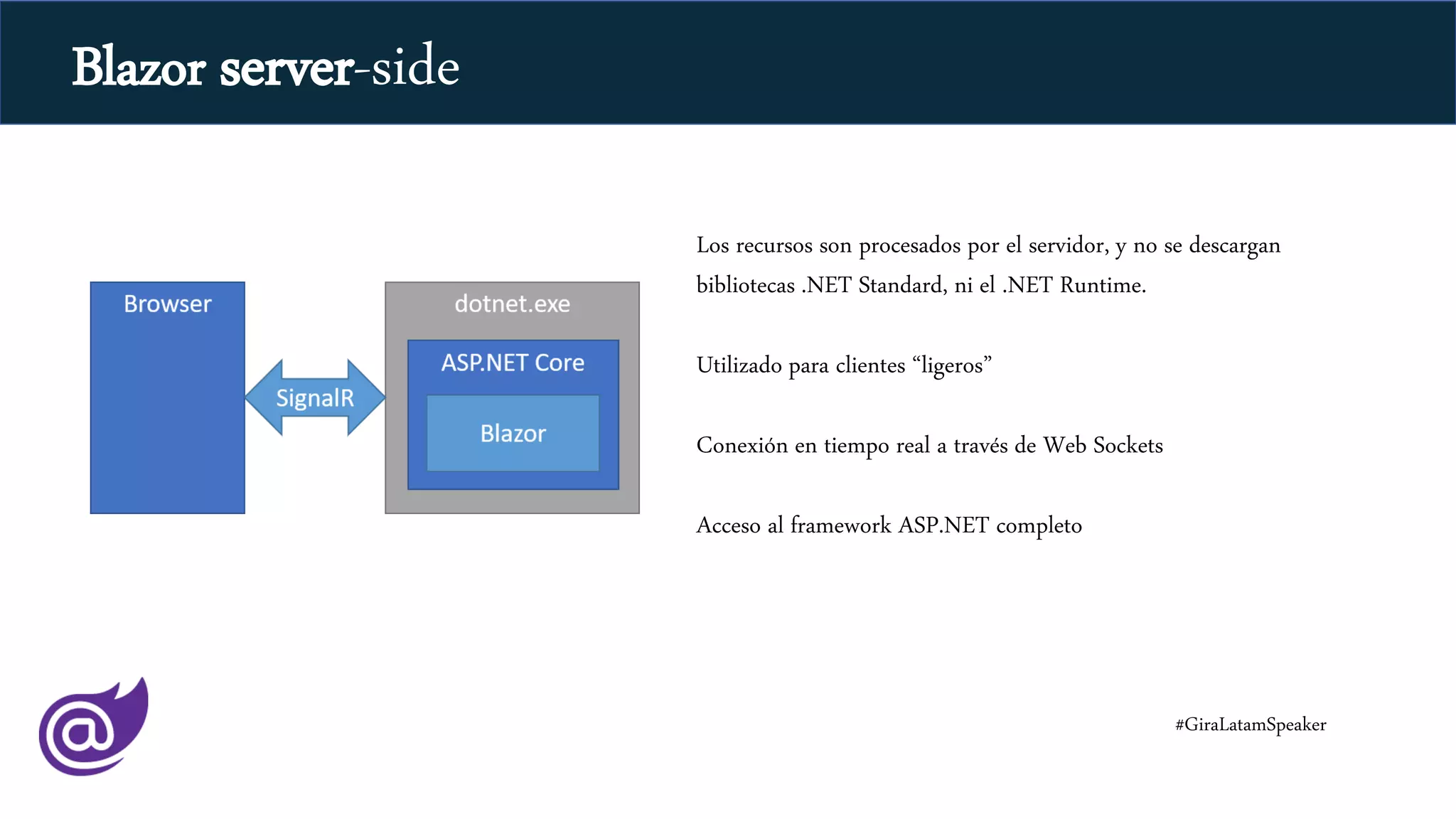 Los recursos son procesados por el servidor, y no se descargan
bibliotecas .NET Standard, ni el .NET Runtime.
Utilizado para clientes “ligeros”
Conexión en tiempo real a través de Web Sockets
Acceso al framework ASP.NET completo
#GiraLatamSpeaker
Blazor server-side
 