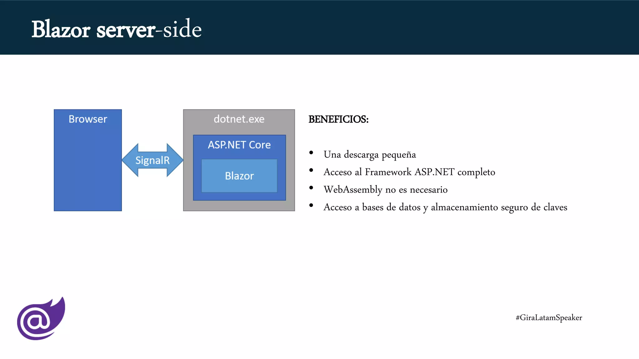 BENEFICIOS:
• Una descarga pequeña
• Acceso al Framework ASP.NET completo
• WebAssembly no es necesario
• Acceso a bases de datos y almacenamiento seguro de claves
#GiraLatamSpeaker
Blazor server-side
 