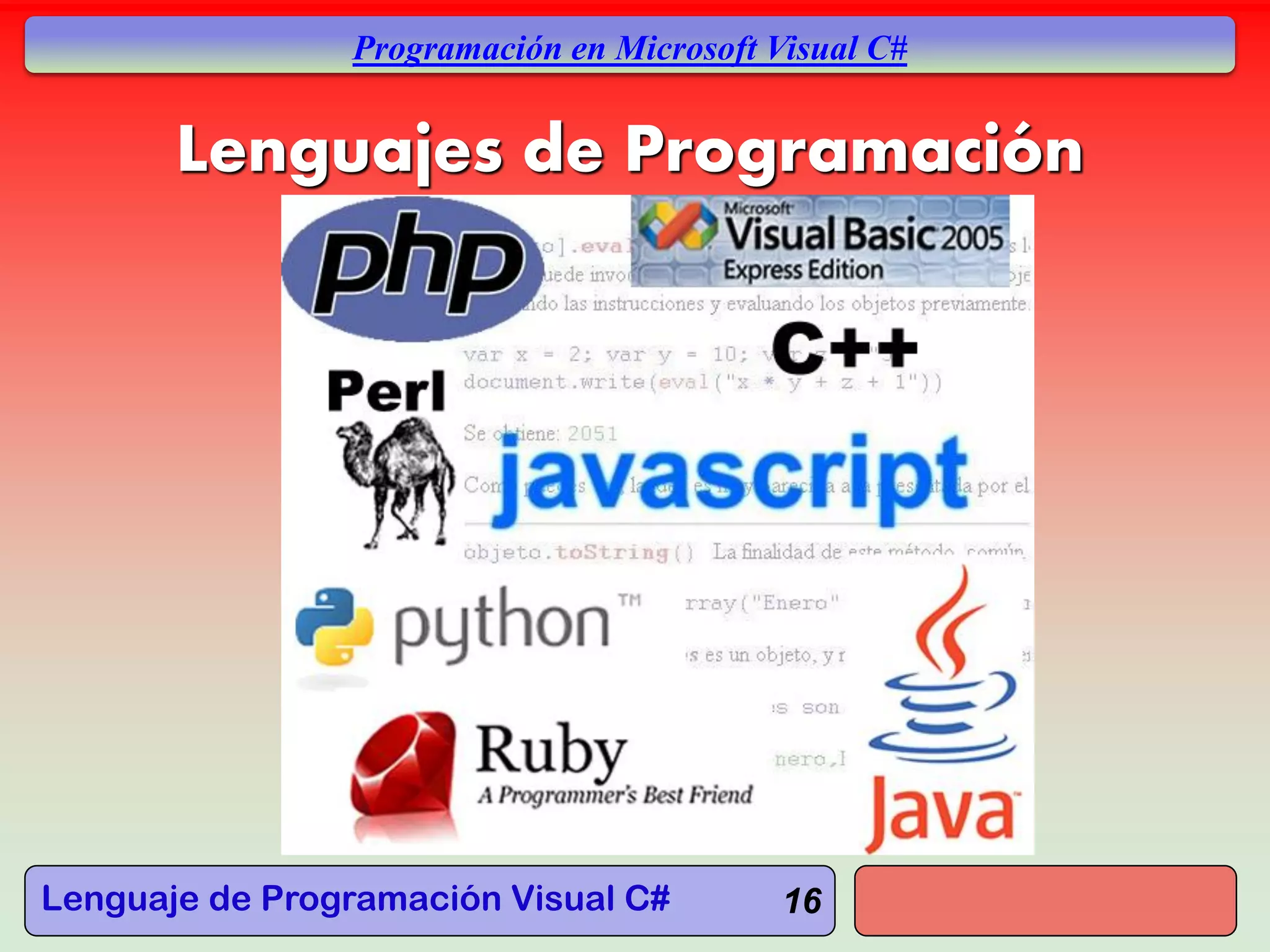 Lenguaje de Programación Visual C#
Programación en Microsoft Visual C#
16
Lenguajes de Programación
 