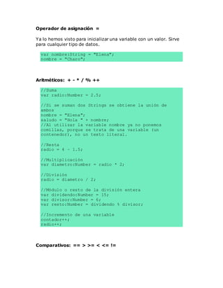 Operador de asignación =
Ya lo hemos visto para inicializar una variable con un valor. Sirve
para cualquier tipo de datos.
var nombre:String = "Elena";
nombre = "Charo";
Aritméticos: + - * / % ++
//Suma
var radio:Number = 2.5;
//Si se suman dos Strings se obtiene la unión de
ambos
nombre = "Elena";
saludo = "Hola " + nombre;
//Al utilizar la variable nombre ya no ponemos
comillas, porque se trata de una variable (un
contenedor), no un texto literal.
//Resta
radio = 4 – 1.5;
//Multiplicación
var diametro:Number = radio * 2;
//División
radio = diametro / 2;
//Módulo o resto de la división entera
var dividendo:Number = 15;
var divisor:Number = 6;
var resto:Number = dividendo % divisor;
//Incremento de una variable
contador++;
radio++;
Comparativos: == > >= < <= !=
 