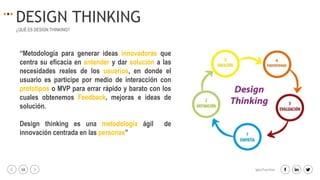 16 igacifuentes
DESIGN THINKING
¿QUÉ ES DESIGN THINKING?
“Metodología para generar ideas innovadoras que
centra su eficacia en entender y dar solución a las
necesidades reales de los usuarios, en donde el
usuario es participe por medio de interacción con
prototipos o MVP para errar rápido y barato con los
cuales obtenemos Feedback, mejoras e ideas de
solución.
Design thinking es una metodología ágil de
innovación centrada en las personas”
 