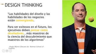 25 igacifuentes
DESIGN THINKING
“Las habilidades del diseño y las
habilidades de los negocios
están convergiendo.
Para ser exitosos en el futuro, los
ejecutivos deben pensar como
diseñadores…más maestros de
la ciencia del descubrimiento que
maestros de los algoritmos”
-Roger Martin (Decano de Rotman School of
English)
 