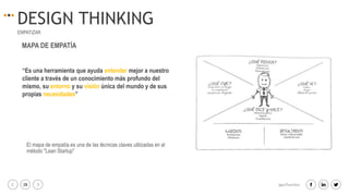 28 igacifuentes
DESIGN THINKING
EMPATIZAR
“Es una herramienta que ayuda entender mejor a nuestro
cliente a través de un conocimiento más profundo del
mismo, su entorno y su visión única del mundo y de sus
propias necesidades”
MAPA DE EMPATÍA
El mapa de empatía es una de las técnicas claves utilizadas en el
método "Lean Startup"
 