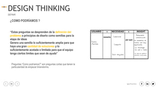31 igacifuentes
DESIGN THINKING
DEFINIR
“Estas preguntas se desprenden de la definición del
problema o principios de diseño como semillas para la
etapa de ideas
Genera una semilla lo suficientemente amplia para que
haya una gran cantidad de soluciones y lo
suficientemente acotada o limitada para que el equipo
tenga ciertos limites que sean de ayuda”
¿COMO PODRÍAMOS ?
Preguntas “Como podríamos?” son preguntas cortas que tienen la
particularidad de empezar brianstorms.
 