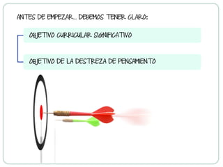 ANTES DE EMPEZAR… DEBEMOS TENER CLARO:
OBJETIVO CURRICULAR SIGNIFICATIVO
OBJETIVO DE LA DESTREZA DE PENSAMIENTO
 