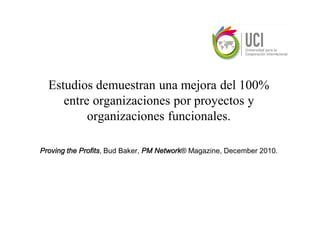 Estudios demuestran una mejora del 100%
     entre organizaciones por proyectos y
          organizaciones funcionales.

Proving the Profits, Bud Baker, PM Network® Magazine, December 2010.
 