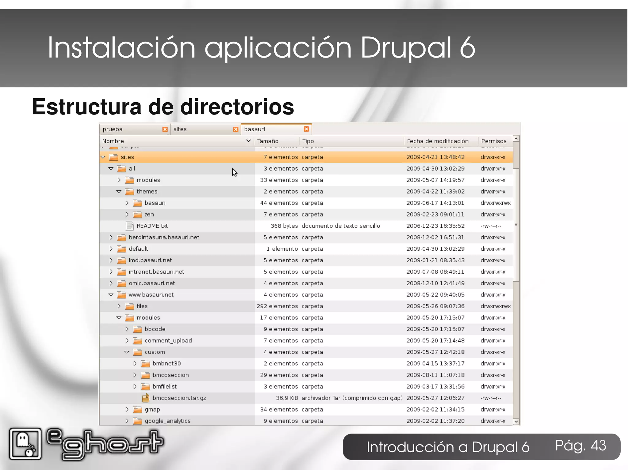 Instalación aplicación Drupal 6
Estructura de directorios




                            Introducción a Drupal 6   Pág. 43
 