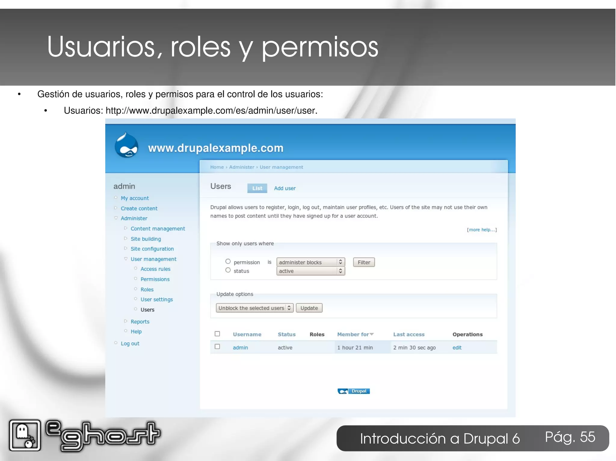 Usuarios, roles y permisos
●   Gestión de usuarios, roles y permisos para el control de los usuarios:
     ●    Usuarios: http://www.drupalexample.com/es/admin/user/user.




                                                                             Introducción a Drupal 6   Pág. 55
 
