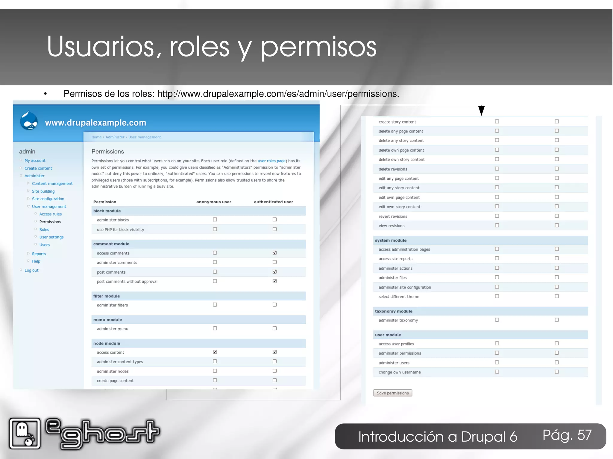 Usuarios, roles y permisos
●   Permisos de los roles: http://www.drupalexample.com/es/admin/user/permissions.




                                                                        Introducción a Drupal 6   Pág. 57
 