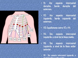 • Vi: 4to espacio intercostal
derecho, borde derecho del
esternon.
• V2: 4to espacio intercostal
izquierdo, borde izquierdo del
esternon.
• V3: Equidistante entre V2 y V4
• V4: 5to espacio intercostal
izquierdo, a nivel de la línea media.
• V5: 5to espacio intercostal
izquierdo, a nivel de la línea axilar
anterior
• V6 : 5to espacio intercostal izquierdo, a