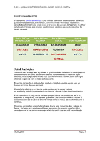P.Q.P.I. AUXILIAR MUNTTGE ORDINADORS – CARLOS CARDELO – IES MVM
18/11/2010 Pàgina 4
Circuitos electrónicos
Se denomina circuito electrónico a una serie de elementos o componentes eléctricos
(tales como resistencias, inductancias, condensadores y fuentes) o electrónicos,
conectados eléctricamente entre sí con el propósito de generar, transportar o modificar
señales electrónicas. Los circuitos electrónicos o eléctricos se pueden clasificar de
varias maneras:
Por el TIPO de
INFROMACIÓN
Por el TIPO de
RÉGIMEN
Por el TIPO de
SEÑAL
Por su
CONFIGURACIÓN
ANALÓGICOS
DIGITALES
MIXTOS
PERIÓDICOS
TRANSITORIOS
PERMANENTES
DE CORRIENTE
CONTINUA
DE CORRIENTE
ALTERNA
SERIE
PARALELO
MIXTOS
Señal Analógica
Señal eléctrica analógica es aquella en la que los valores de la tensión o voltaje varían
constantemente en forma de corriente alterna, incrementando su valor con signo
eléctrico positivo (+) durante medio ciclo y disminuyéndolo a continuación con signo
eléctrico negativo (–) en el medio ciclo siguiente.
El cambio constante de polaridad de positivo a negativo provoca que se cree un
trazado en forma de onda senoidal.
Una señal analógica es un tipo de señal continua en la que es variable
su amplitud y periodo (representando un dato de información) en función del tiempo.
En la naturaleza, el conjunto de señales que percibimos son analógicas, así la luz,
el sonido, la energía etc., son señales que tienen una variación continua. Incluso la
descomposición de la luz en el arcoíris vemos como se realiza de una forma suave y
continúa.
Una onda senoidal es una señal analógica de una sola frecuencia. Los voltajes de
la voz y del video son señales analógicas que varían de acuerdo con el sonido o
variaciones de la luz que corresponden a la información que se está transmitiendo.
 