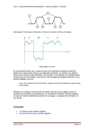 P.Q.P.I. AUXILIAR MUNTTGE ORDINADORS – CARLOS CARDELO – IES MVM
18/11/2010 Pàgina 6
Señal digital: 1) Nivel bajo, 2) Nivel alto, 3) Flanco de subida y 4) Flanco de bajada.
Señal digital con ruido
Es conveniente aclarar que, a pesar de que en los ejemplos señalados el término
digital se ha relacionado siempre con dispositivos binarios, no significa que digital y
binario sean términos intercambiables. Por ejemplo, si nos fijamos en el código Morse,
veremos que en él se utilizan, para el envío de mensajes por telégrafo eléctrico, cinco
estados digitales, que son:
punto, raya, espacio corto (entre letras), espacio medio (entre palabras) y espacio largo
(entre frases)
Referido a un aparato o instrumento de medida, decimos que es digital cuando el
resultado de la medida se representa en un visualizador mediante números (dígitos)
en lugar de hacerlo mediante la posición de una aguja, o cualquier otro indicador, en
una escala.
Contenido
1 Ventajas de las señales digitales
2 Inconvenientes de las señales digitales
 
