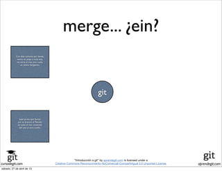 cursodegit.com aprendegit.com
“Introducción a git” by aprendegit.com is licensed under a
Creative Commons Reconocimiento-NoComercial-CompartirIgual 3.0 Unported License.
merge... ¿ein?
Con diez cañones por banda,
viento en popa a toda vela,
no corta el mar, sino vuela,
un velero bergantín;
bajel pirata que llaman
por su bravura el Temido
en todo el mar conocido
del uno al otro confín.
git
sábado, 27 de abril de 13
 