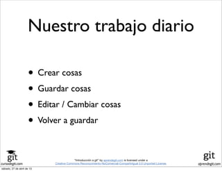 cursodegit.com aprendegit.com
“Introducción a git” by aprendegit.com is licensed under a
Creative Commons Reconocimiento-NoComercial-CompartirIgual 3.0 Unported License.
Nuestro trabajo diario
• Crear cosas
• Guardar cosas
• Editar / Cambiar cosas
• Volver a guardar
sábado, 27 de abril de 13
 