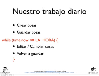 cursodegit.com aprendegit.com
“Introducción a git” by aprendegit.com is licensed under a
Creative Commons Reconocimiento-NoComercial-CompartirIgual 3.0 Unported License.
Nuestro trabajo diario
• Crear cosas
• Guardar cosas
• Editar / Cambiar cosas
• Volver a guardar
while (time.now <= LA_HORA) {
}
sábado, 27 de abril de 13
 