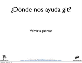 cursodegit.com aprendegit.com
“Introducción a git” by aprendegit.com is licensed under a
Creative Commons Reconocimiento-NoComercial-CompartirIgual 3.0 Unported License.
¿Dónde nos ayuda git?
Volver a guardar
sábado, 27 de abril de 13
 