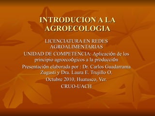 INTRODUCION A LA AGROECOLOGIA LICENCIATURA EN REDES AGROALIMENTARIAS UNIDAD DE COMPETENCIA: Aplicaci ó n de los principio agroeco ó gicos a la producci ó n Presentaci ó n elaborada por  : Dr. Carlos Guadarrama Zugasti y Dra. Laura E. Trujillo O. Octubre 2010, Huatusco, Ver. CRUO-UACH 