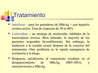 Tratamiento


Interferon – para los portadores de HBeAg + con hepatitis
cronica activa. Tasa de respuesta de 30 to 40%.



Lamivudina – un analogo de nucleosido, inhibidor de la
transcriptasa reversa. Bien tolerado, la mayoria de los
pacientes responden favorablemente. Sin embargo, la
tendencia a la recaida ocurre despues de la cesacion del
tratamiento. Otro problema es la rapida emergencia de
resistencia a la droga.



Respuesta satisfactoria al tratamiento resultara en el
desaparecimiento
de
HBsAg,
HBV-DNA,
y
seroconversion a HBeAg.

 