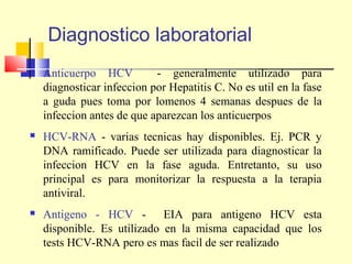 Diagnostico laboratorial


Anticuerpo HCV
- generalmente utilizado para
diagnosticar infeccion por Hepatitis C. No es util en la fase
a guda pues toma por lomenos 4 semanas despues de la
infeccion antes de que aparezcan los anticuerpos



HCV-RNA - varias tecnicas hay disponibles. Ej. PCR y
DNA ramificado. Puede ser utilizada para diagnosticar la
infeccion HCV en la fase aguda. Entretanto, su uso
principal es para monitorizar la respuesta a la terapia
antiviral.



Antigeno - HCV EIA para antigeno HCV esta
disponible. Es utilizado en la misma capacidad que los
tests HCV-RNA pero es mas facil de ser realizado

 