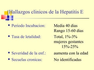Hallazgos clinicos de la Hepatitis E


Periodo Incubacion:



Tasa de letalidad:

Media 40 dias
Rango 15-60 dias
Total, 1%-3%
mujeres gestantes
15%-25%



Severidad de la enf.:

aumenta con la edad



Secuelas cronicas:

No identificadas

 
