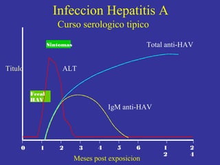 Infeccion Hepatitis A
Curso serologico tipico
Total anti-HAV

Sintomas

Titulo

ALT
Fecal
HAV

0

1

IgM anti-HAV

2

3

4

5

6

Meses post exposicion

1
2

2
4

 