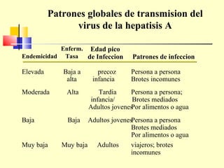 Patrones globales de transmision del
virus de la hepatisis A
Enferm. Edad pico
Endemicidad Tasa
de Infeccion

Elevada

Baja a
alta

Moderada

Alta

Baja

Baja

Muy baja

precoz
infancia

Patrones de infeccion
Persona a persona
Brotes incomunes

Tardia
Persona a persona;
infancia/
Brotes mediados
Adultos jovenes alimentos o agua
Por

Adultos jovenesPersona a persona
Brotes mediados
Por alimentos o agua
Muy baja Adultos
viajeros; brotes
incomunes

 