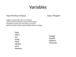 Variables
Tipos Primitivos (4 tipos):
Integers incluyen byte, short, int, and long
Numeros de Punto flotante incluyen float y double
Characters incluyen char, como letras y numeros.
Boolean incluyen boolean representando valores true/false.
Clases “Wrapper”
•byte
•short
•Int
•Long
•float
•double
•char
•boolean
•Integer
•Double
•Boolean
•Character
 
