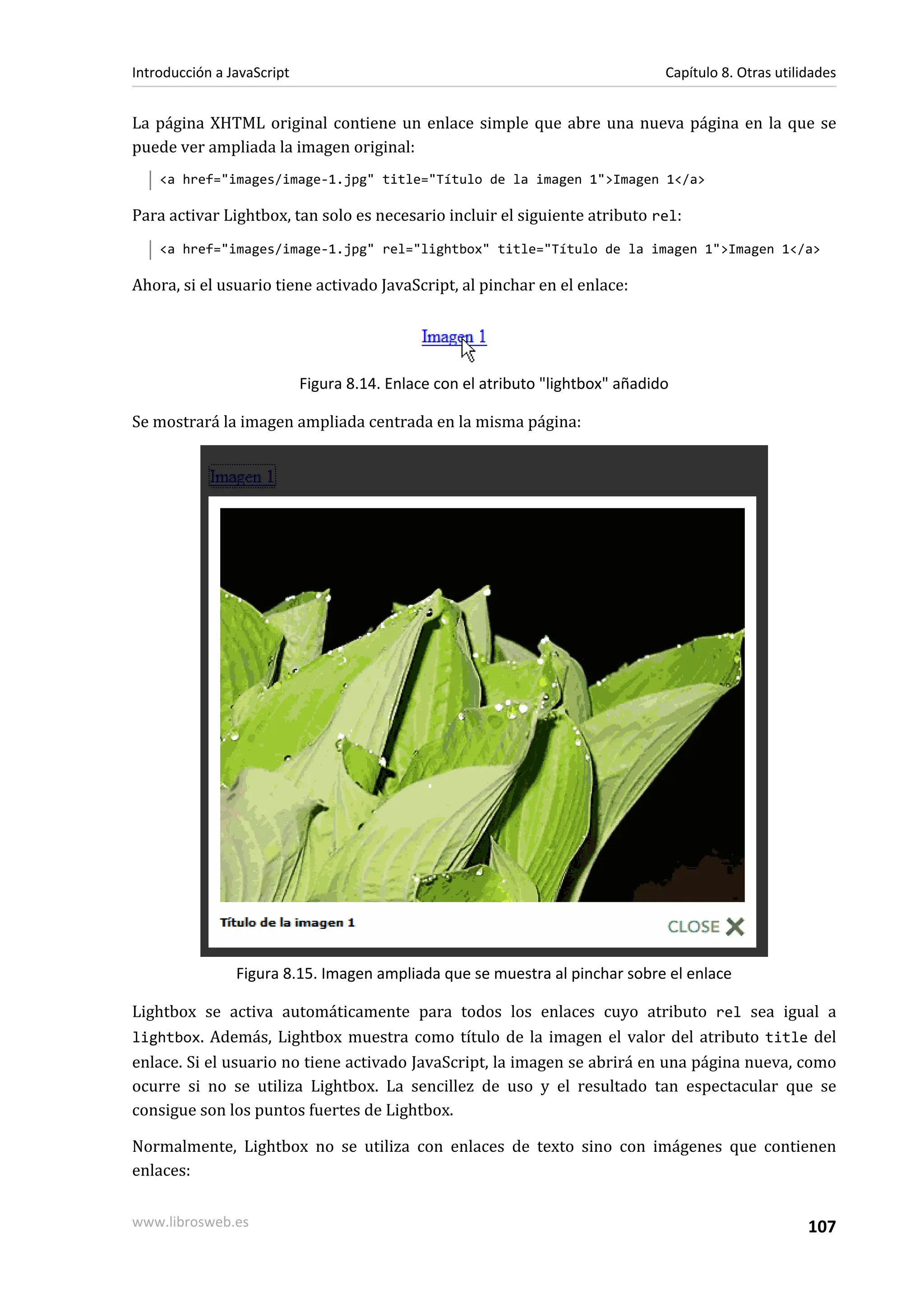 La página XHTML original contiene un enlace simple que abre una nueva página en la que se
puede ver ampliada la imagen original:
<a href="images/image-1.jpg" title="Título de la imagen 1">Imagen 1</a>
Para activar Lightbox, tan solo es necesario incluir el siguiente atributo rel:
<a href="images/image-1.jpg" rel="lightbox" title="Título de la imagen 1">Imagen 1</a>
Ahora, si el usuario tiene activado JavaScript, al pinchar en el enlace:
Figura 8.14. Enlace con el atributo "lightbox" añadido
Se mostrará la imagen ampliada centrada en la misma página:
Figura 8.15. Imagen ampliada que se muestra al pinchar sobre el enlace
Lightbox se activa automáticamente para todos los enlaces cuyo atributo rel sea igual a
lightbox. Además, Lightbox muestra como título de la imagen el valor del atributo title del
enlace. Si el usuario no tiene activado JavaScript, la imagen se abrirá en una página nueva, como
ocurre si no se utiliza Lightbox. La sencillez de uso y el resultado tan espectacular que se
consigue son los puntos fuertes de Lightbox.
Normalmente, Lightbox no se utiliza con enlaces de texto sino con imágenes que contienen
enlaces:
Introducción a JavaScript Capítulo 8. Otras utilidades
www.librosweb.es 107
 