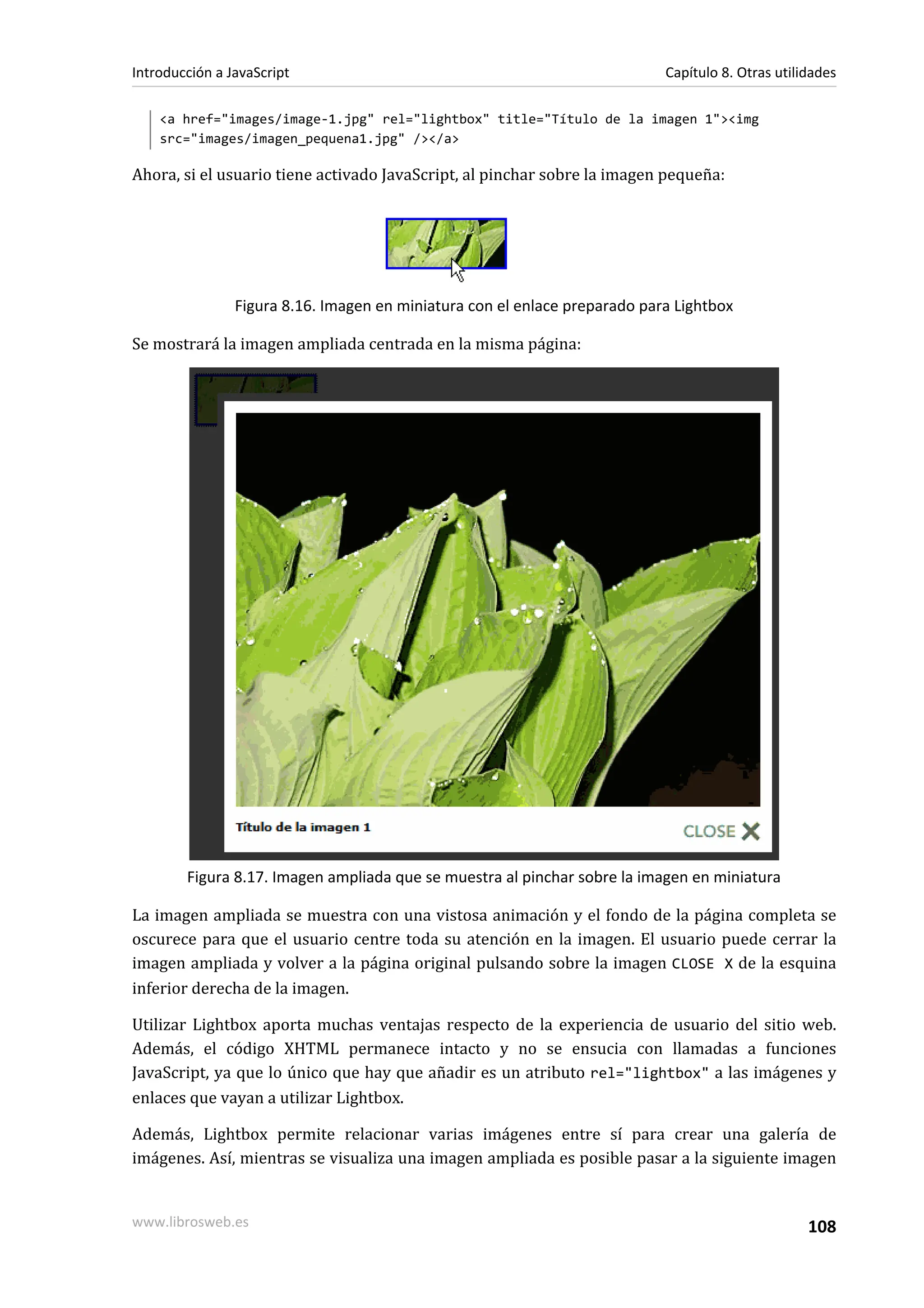 <a href="images/image-1.jpg" rel="lightbox" title="Título de la imagen 1"><img
src="images/imagen_pequena1.jpg" /></a>
Ahora, si el usuario tiene activado JavaScript, al pinchar sobre la imagen pequeña:
Figura 8.16. Imagen en miniatura con el enlace preparado para Lightbox
Se mostrará la imagen ampliada centrada en la misma página:
Figura 8.17. Imagen ampliada que se muestra al pinchar sobre la imagen en miniatura
La imagen ampliada se muestra con una vistosa animación y el fondo de la página completa se
oscurece para que el usuario centre toda su atención en la imagen. El usuario puede cerrar la
imagen ampliada y volver a la página original pulsando sobre la imagen CLOSE X de la esquina
inferior derecha de la imagen.
Utilizar Lightbox aporta muchas ventajas respecto de la experiencia de usuario del sitio web.
Además, el código XHTML permanece intacto y no se ensucia con llamadas a funciones
JavaScript, ya que lo único que hay que añadir es un atributo rel="lightbox" a las imágenes y
enlaces que vayan a utilizar Lightbox.
Además, Lightbox permite relacionar varias imágenes entre sí para crear una galería de
imágenes. Así, mientras se visualiza una imagen ampliada es posible pasar a la siguiente imagen
Introducción a JavaScript Capítulo 8. Otras utilidades
www.librosweb.es 108
 