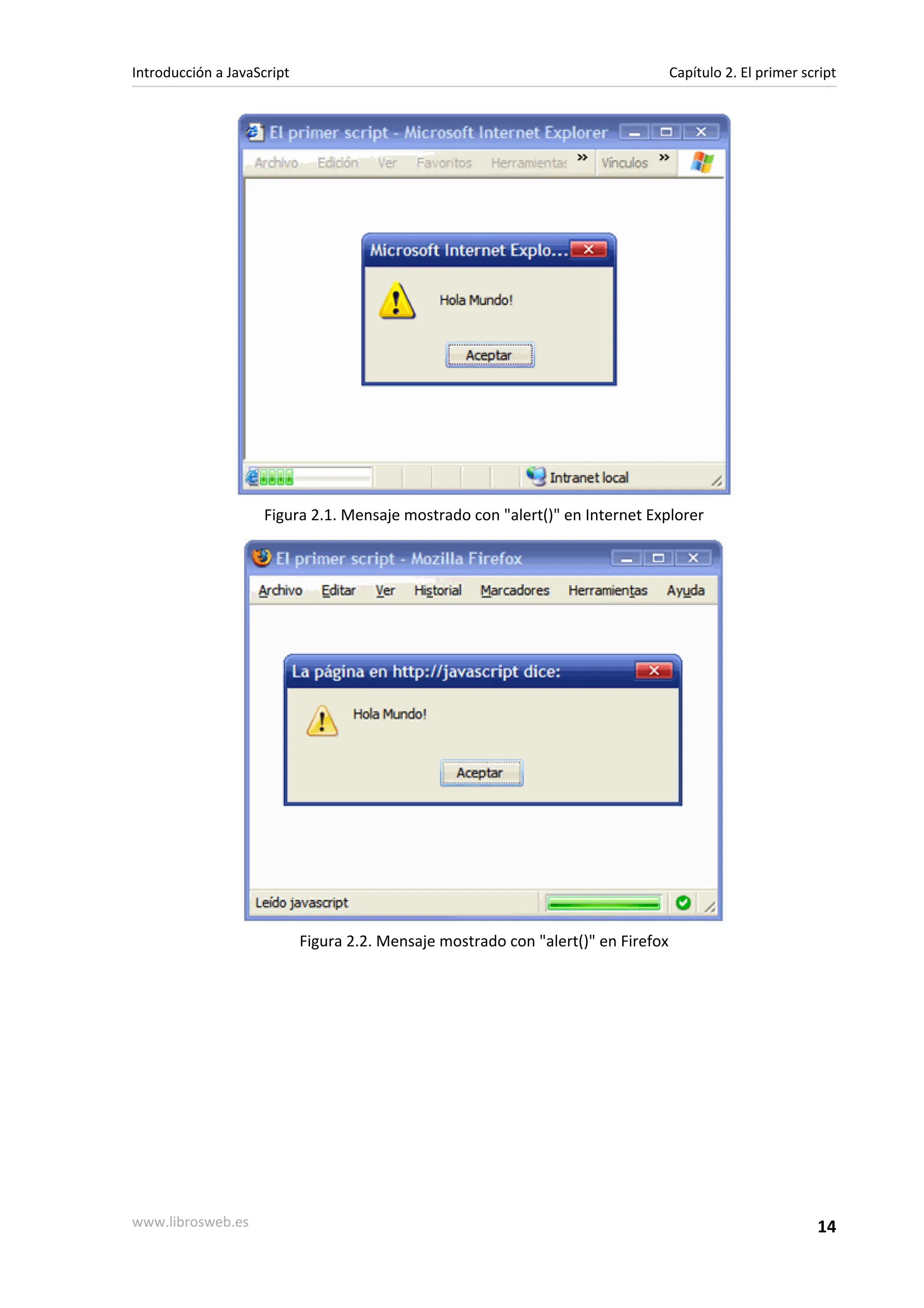 Figura 2.1. Mensaje mostrado con "alert()" en Internet Explorer
Figura 2.2. Mensaje mostrado con "alert()" en Firefox
Introducción a JavaScript Capítulo 2. El primer script
www.librosweb.es 14
 
