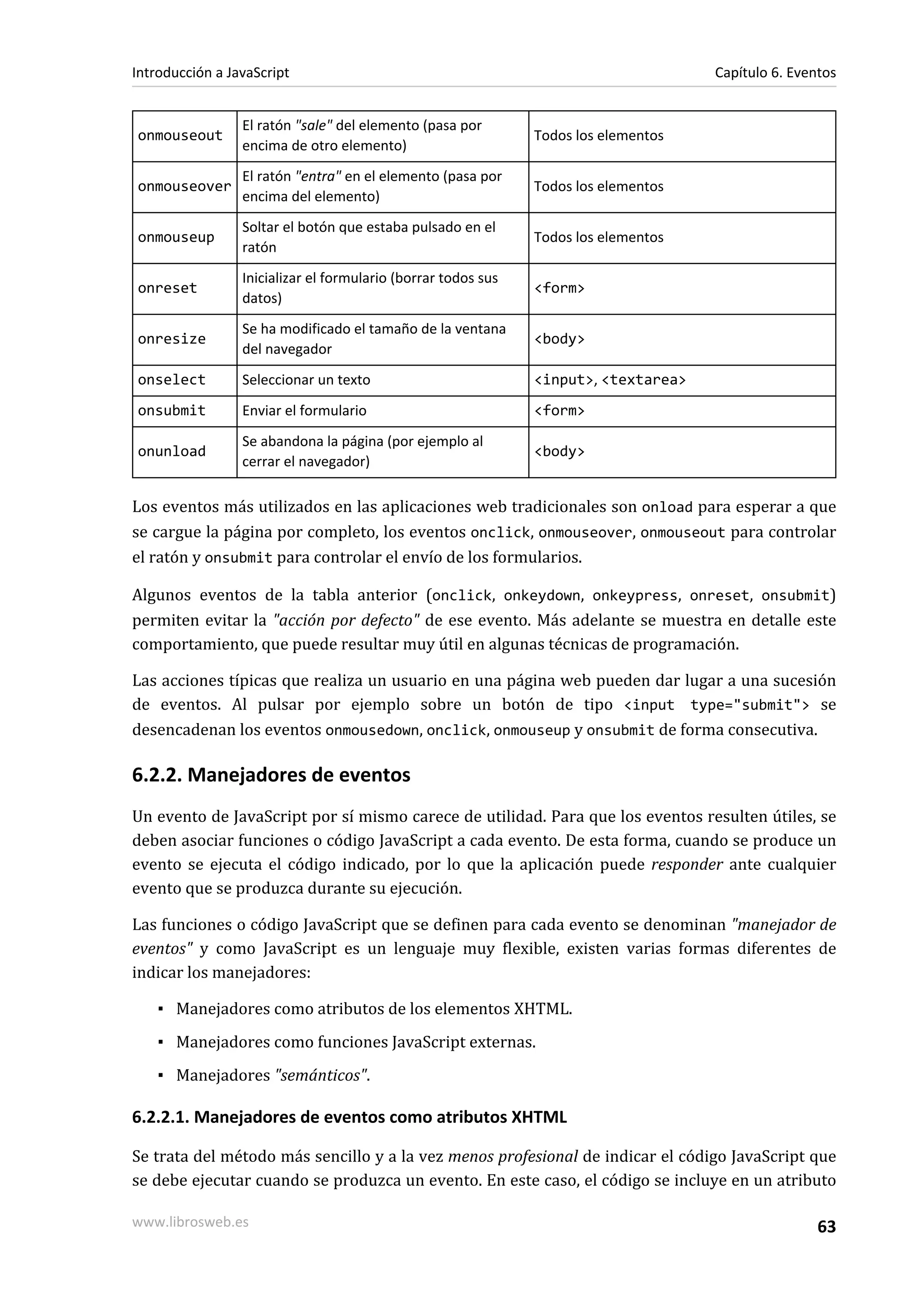 onmouseout
El ratón "sale" del elemento (pasa por
encima de otro elemento)
Todos los elementos
onmouseover
El ratón "entra" en el elemento (pasa por
encima del elemento)
Todos los elementos
onmouseup
Soltar el botón que estaba pulsado en el
ratón
Todos los elementos
onreset
Inicializar el formulario (borrar todos sus
datos)
<form>
onresize
Se ha modificado el tamaño de la ventana
del navegador
<body>
onselect Seleccionar un texto <input>, <textarea>
onsubmit Enviar el formulario <form>
onunload
Se abandona la página (por ejemplo al
cerrar el navegador)
<body>
Los eventos más utilizados en las aplicaciones web tradicionales son onload para esperar a que
se cargue la página por completo, los eventos onclick, onmouseover, onmouseout para controlar
el ratón y onsubmit para controlar el envío de los formularios.
Algunos eventos de la tabla anterior (onclick, onkeydown, onkeypress, onreset, onsubmit)
permiten evitar la "acción por defecto" de ese evento. Más adelante se muestra en detalle este
comportamiento, que puede resultar muy útil en algunas técnicas de programación.
Las acciones típicas que realiza un usuario en una página web pueden dar lugar a una sucesión
de eventos. Al pulsar por ejemplo sobre un botón de tipo <input type="submit"> se
desencadenan los eventos onmousedown, onclick, onmouseup y onsubmit de forma consecutiva.
6.2.2. Manejadores de eventos
Un evento de JavaScript por sí mismo carece de utilidad. Para que los eventos resulten útiles, se
deben asociar funciones o código JavaScript a cada evento. De esta forma, cuando se produce un
evento se ejecuta el código indicado, por lo que la aplicación puede responder ante cualquier
evento que se produzca durante su ejecución.
Las funciones o código JavaScript que se definen para cada evento se denominan "manejador de
eventos" y como JavaScript es un lenguaje muy flexible, existen varias formas diferentes de
indicar los manejadores:
▪ Manejadores como atributos de los elementos XHTML.
▪ Manejadores como funciones JavaScript externas.
▪ Manejadores "semánticos".
6.2.2.1. Manejadores de eventos como atributos XHTML
Se trata del método más sencillo y a la vez menos profesional de indicar el código JavaScript que
se debe ejecutar cuando se produzca un evento. En este caso, el código se incluye en un atributo
Introducción a JavaScript Capítulo 6. Eventos
www.librosweb.es 63
 