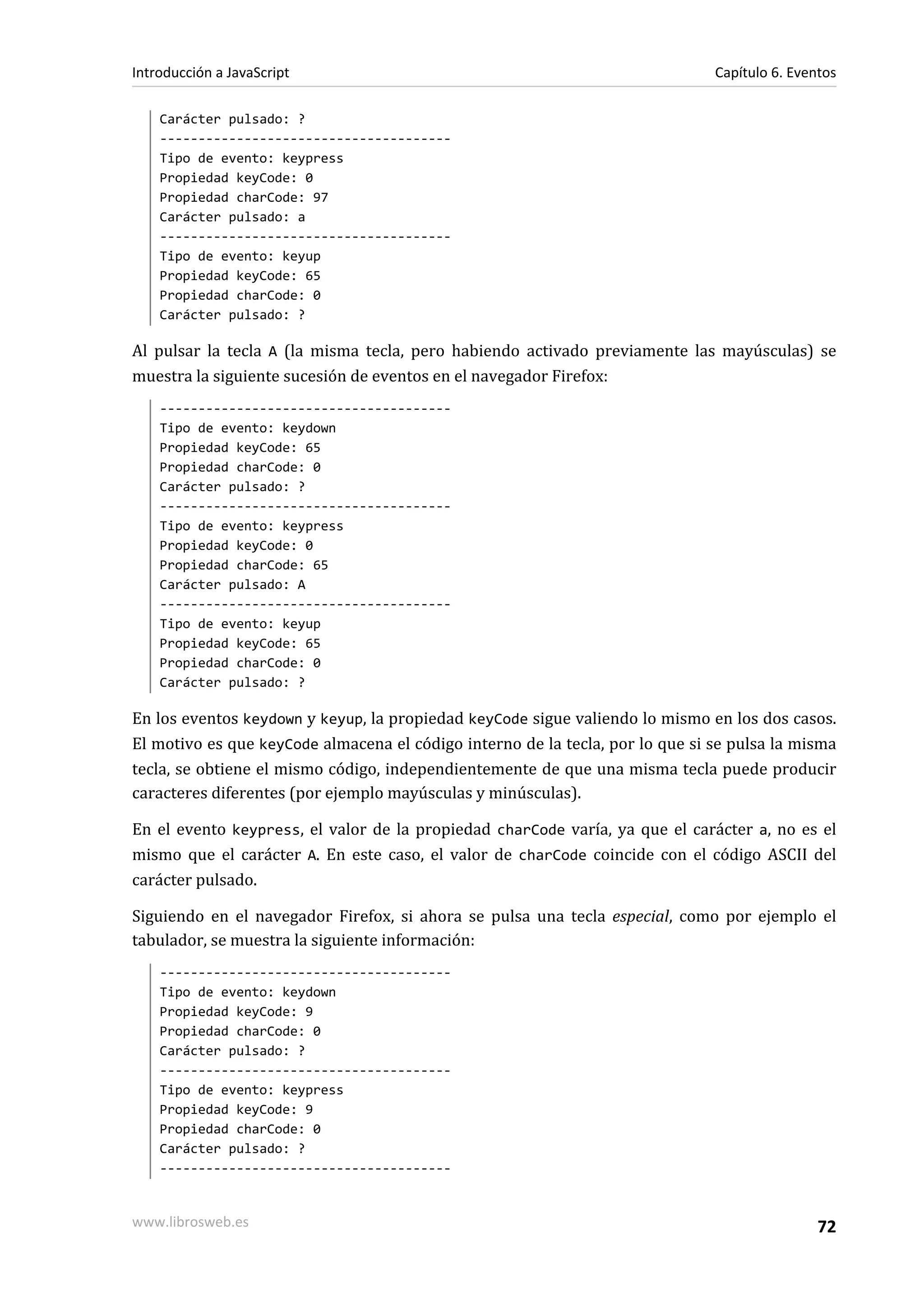 Carácter pulsado: ?
--------------------------------------
Tipo de evento: keypress
Propiedad keyCode: 0
Propiedad charCode: 97
Carácter pulsado: a
--------------------------------------
Tipo de evento: keyup
Propiedad keyCode: 65
Propiedad charCode: 0
Carácter pulsado: ?
Al pulsar la tecla A (la misma tecla, pero habiendo activado previamente las mayúsculas) se
muestra la siguiente sucesión de eventos en el navegador Firefox:
--------------------------------------
Tipo de evento: keydown
Propiedad keyCode: 65
Propiedad charCode: 0
Carácter pulsado: ?
--------------------------------------
Tipo de evento: keypress
Propiedad keyCode: 0
Propiedad charCode: 65
Carácter pulsado: A
--------------------------------------
Tipo de evento: keyup
Propiedad keyCode: 65
Propiedad charCode: 0
Carácter pulsado: ?
En los eventos keydown y keyup, la propiedad keyCode sigue valiendo lo mismo en los dos casos.
El motivo es que keyCode almacena el código interno de la tecla, por lo que si se pulsa la misma
tecla, se obtiene el mismo código, independientemente de que una misma tecla puede producir
caracteres diferentes (por ejemplo mayúsculas y minúsculas).
En el evento keypress, el valor de la propiedad charCode varía, ya que el carácter a, no es el
mismo que el carácter A. En este caso, el valor de charCode coincide con el código ASCII del
carácter pulsado.
Siguiendo en el navegador Firefox, si ahora se pulsa una tecla especial, como por ejemplo el
tabulador, se muestra la siguiente información:
--------------------------------------
Tipo de evento: keydown
Propiedad keyCode: 9
Propiedad charCode: 0
Carácter pulsado: ?
--------------------------------------
Tipo de evento: keypress
Propiedad keyCode: 9
Propiedad charCode: 0
Carácter pulsado: ?
--------------------------------------
Introducción a JavaScript Capítulo 6. Eventos
www.librosweb.es 72
 