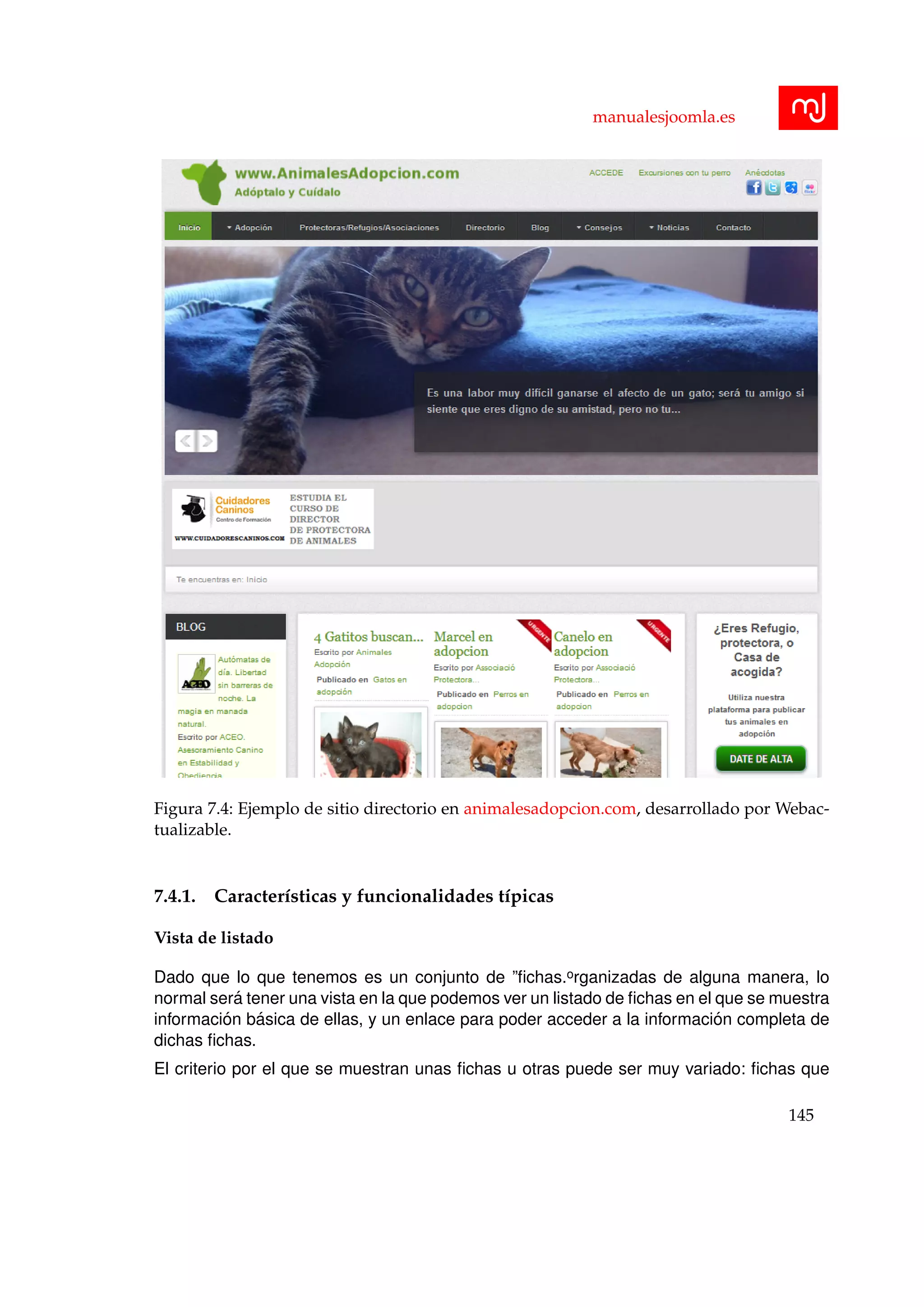 manualesjoomla.es
Figura 7.4: Ejemplo de sitio directorio en animalesadopcion.com, desarrollado por Webac-
tualizable.
7.4.1. Caracter´ısticas y funcionalidades t´ıpicas
Vista de listado
Dado que lo que tenemos es un conjunto de ”ﬁchas.organizadas de alguna manera, lo
normal ser´a tener una vista en la que podemos ver un listado de ﬁchas en el que se muestra
informaci´on b´asica de ellas, y un enlace para poder acceder a la informaci´on completa de
dichas ﬁchas.
El criterio por el que se muestran unas ﬁchas u otras puede ser muy variado: ﬁchas que
145
 