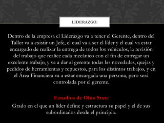 LIDERAZGO:


Dentro de la empresa el Liderazgo va a tener el Gerente, dentro del
  Taller va a existir un Jefe, el cual va a ser el líder y el cual va estar
 encargado de realizar la entrega de todos los vehículos, la revisión
   del trabajo que realice cada mecánico con el fin de entregar un
excelente trabajo, y va a dar al gerente todas las novedades, quejas y
pedidos de herramientas y repuestos, para los distintos trabajos, y en
   el Área Financiera va a estar encargada una persona, pero será
                        controlada por el gerente.

                    Estudios de Ohio State
  Grado en el que un líder define y estructura su papel y el de sus
                 subordinados desde el principio.
 