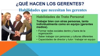 Habilidades de Trato Personal
Trabajar bien con otras personas, tanto
individualmente como en equipo (gerentes
medios).
• Formar redes sociales dentro y fuera de la
organización
• Saber trabajar con personas y culturas diferentes
• Capacidades de director y tutor / trabajar en equipo
Habilidades que necesitan los gerentes
¿QUÉ HACEN LOS GERENTES?
 