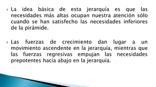 La idea básica de esta jerarquía es que las
necesidades más altas ocupan nuestra atención sólo
cuando se han satisfecho las necesidades inferiores
de la pirámide.
 Las fuerzas de crecimiento dan lugar a un
movimiento ascendente en la jerarquía, mientras que
las fuerzas regresivas empujan las necesidades
prepotentes hacia abajo en la jerarquía.
 